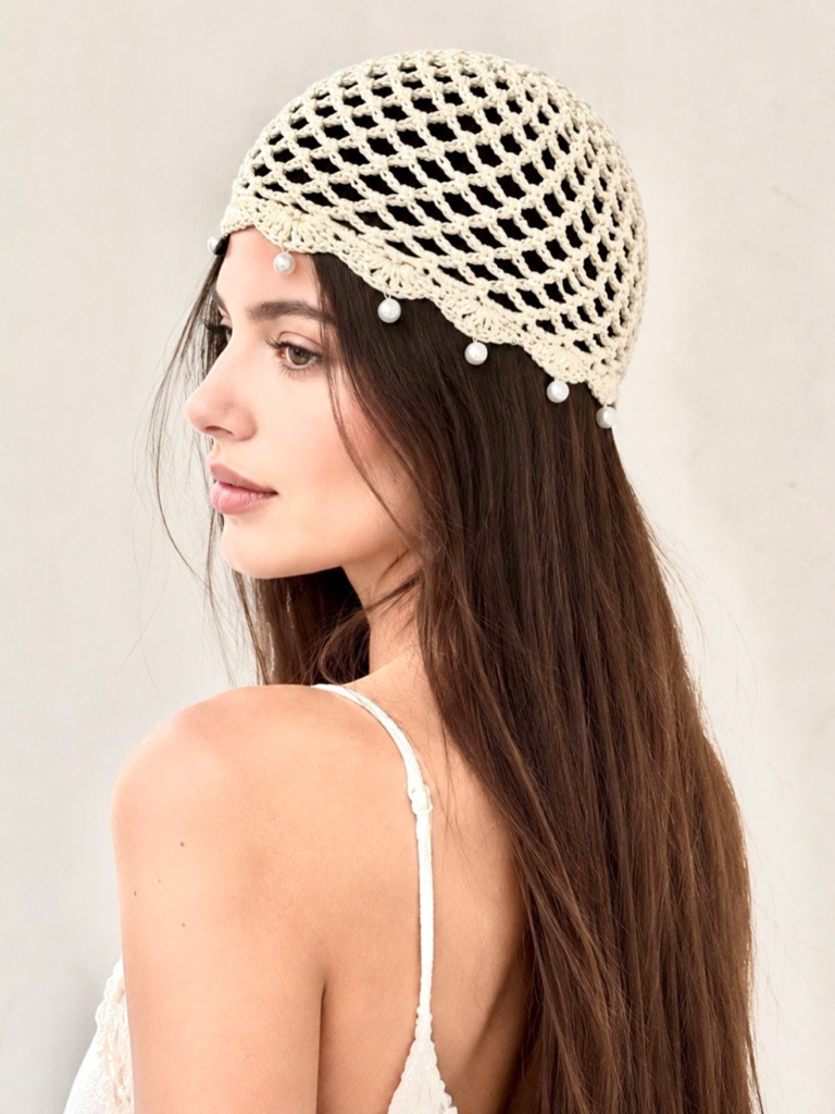 cuffia crochet perline |Colore:Beige